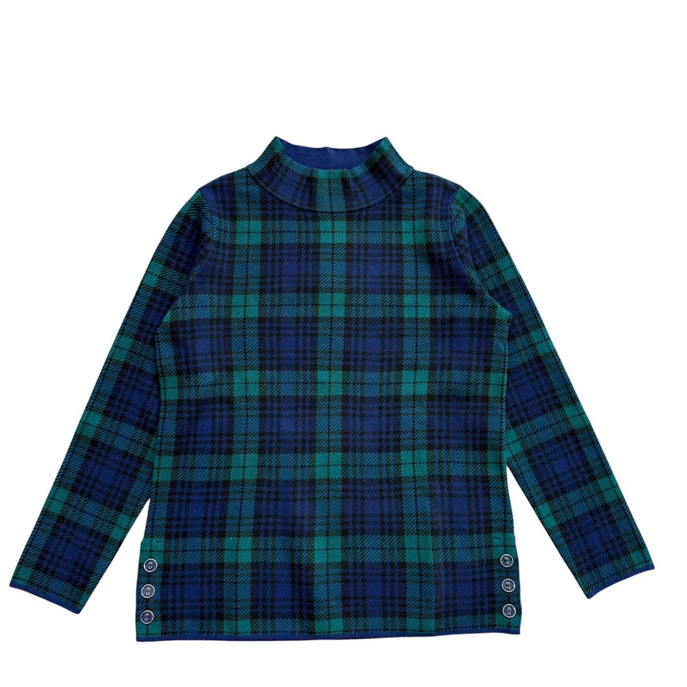 Appleseed's Womens Black Watch Plaid Mock Neck Sweater Blue Green Button M